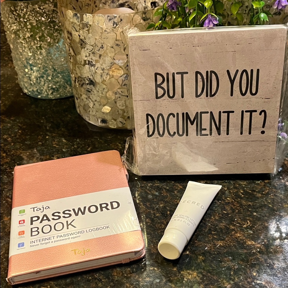 Taja Password Book “but did you document it?” Desk sign and lotion bundle